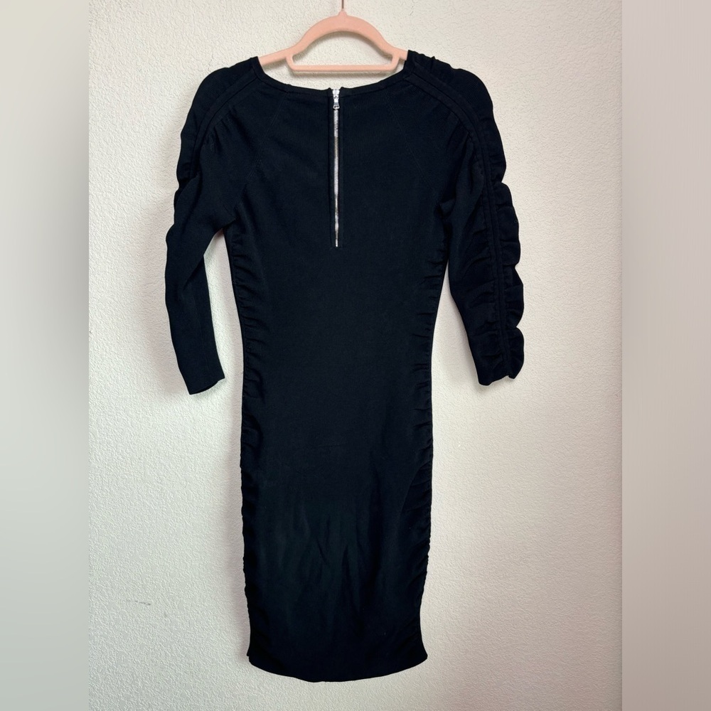 Milly Black Shirred Ribbed V-Neck Bodycon Knee Length Dress S - Picture 9 of 11